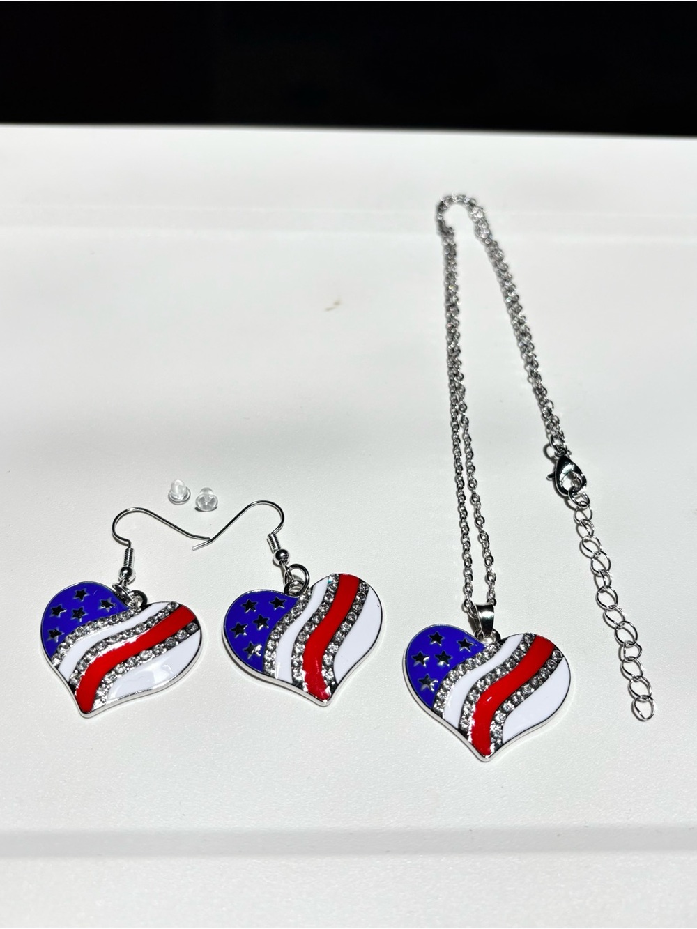 Patriotic Heart Pendant & Earring Set - Silvery Chain, Enamel & Crystal 2 pc